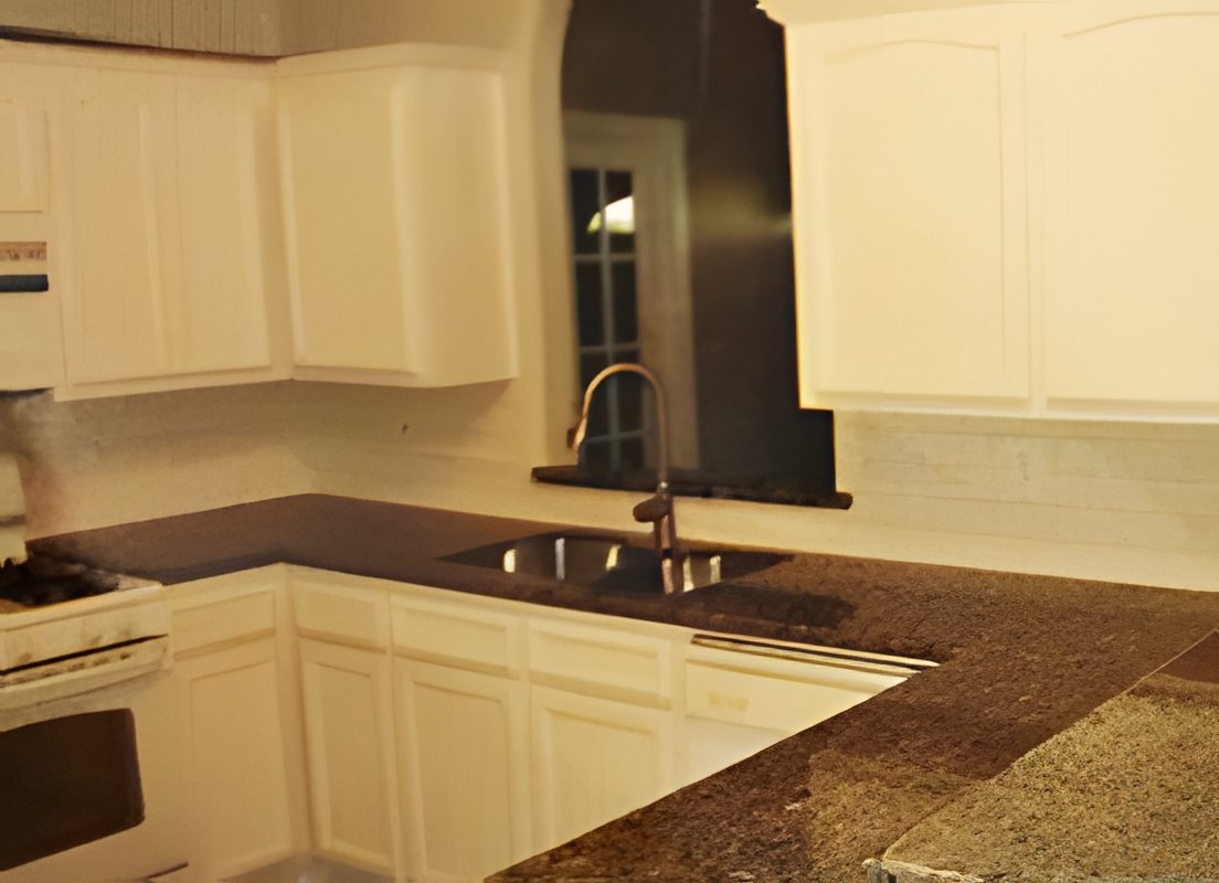 Kitchen with white cabinets and granite counters around the sink