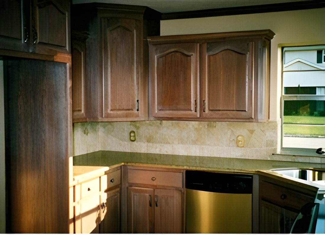 Kitchen with dark stained cabinets and a tile backsplash
